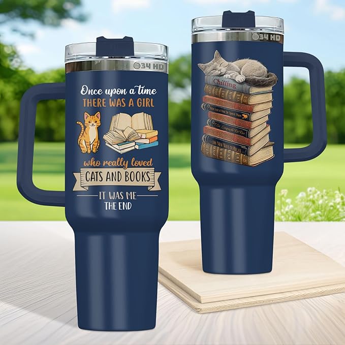 34HD Cat Coffee Tumbler with Handle & Straw, 40 oz Stainless Steel Vacuum Insulated Cat Book Travel Mug, Birthday Christmas Mothers Day Gifts for Pet Lovers Women Mom Librarian Her