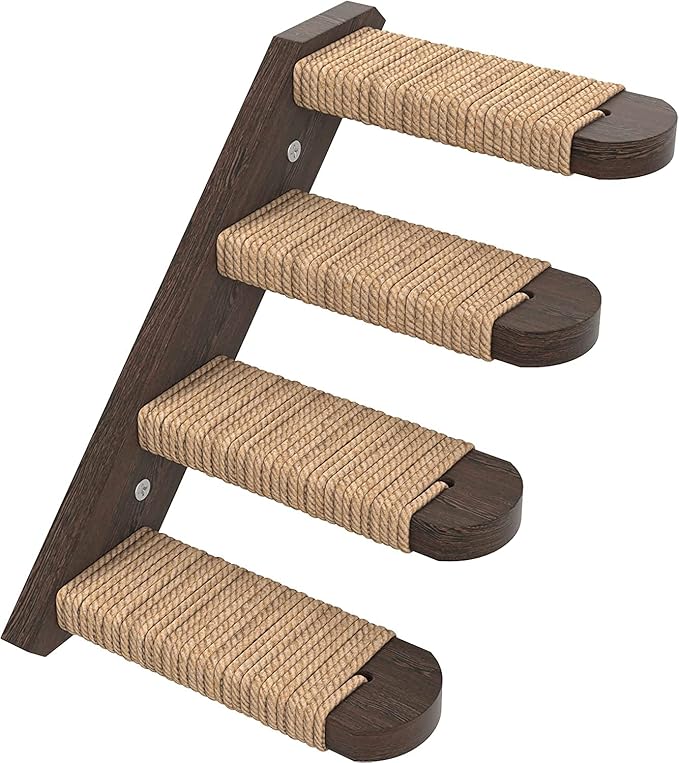 Skywin Cat Steps - Solid Rubber Wood Cat Stairs Great for Scratching and Climbing - Easy to Install Wall Mounted Cat Shelves for Playful Cats (Brown)