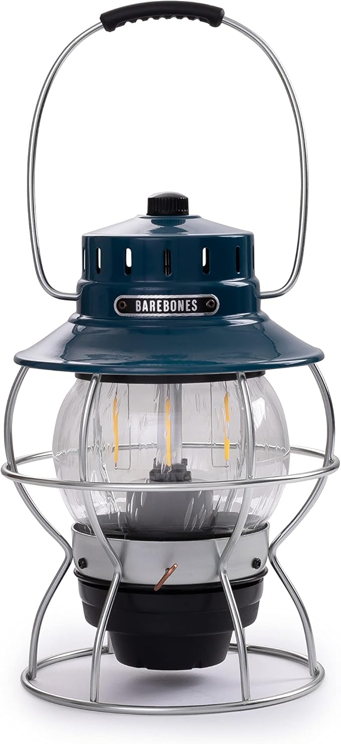 Barebones Railroad Lantern – Ocean Blue, Vintage-Inspired LED Camping Lantern with Rechargeable Battery – Adjustable Brightness Outdoor Light for Camping Gear, Backyard, and Home Decor