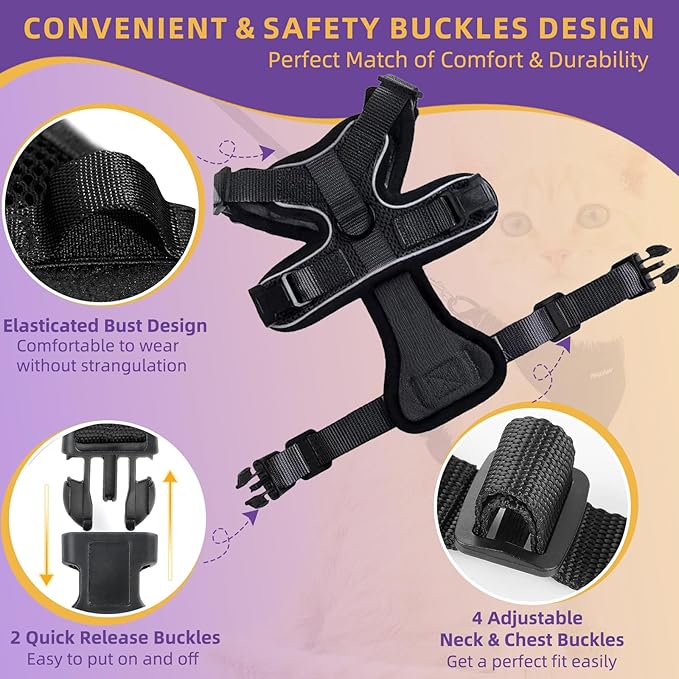 Adjustable Cat Harness and Leash Set for Outdoor Walking, Soft Breathable Mesh Cat Harness with Reflective Strips,Escape Proof Safe Cat Vest Harness, Black (M)