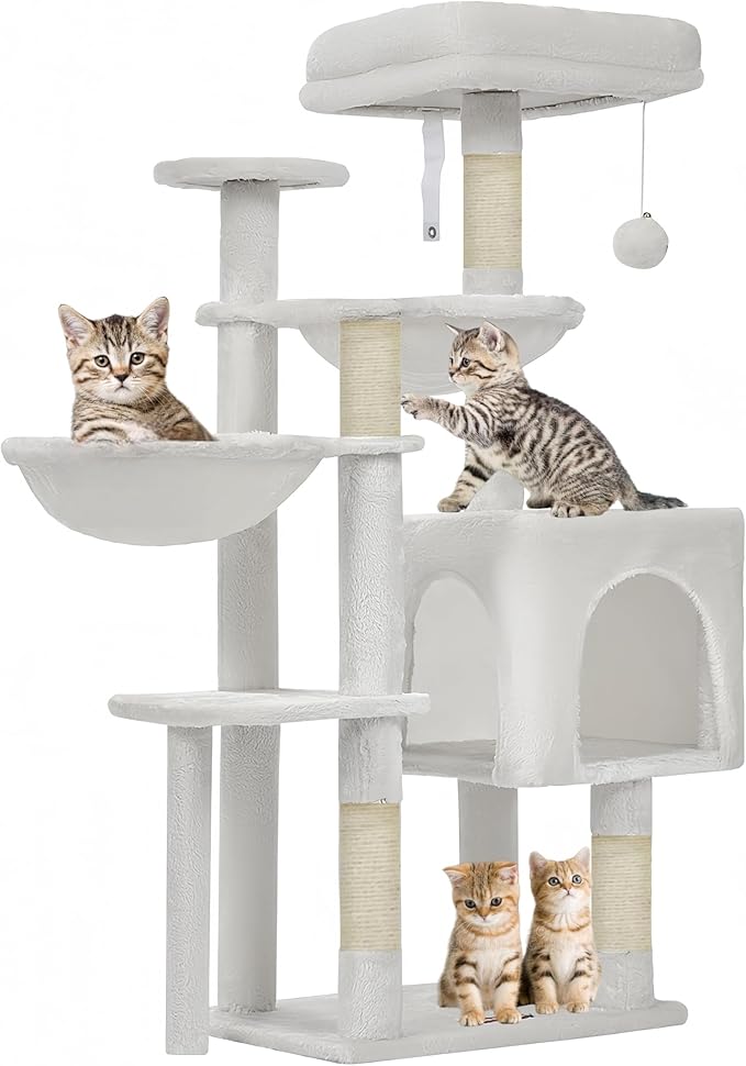 Taoqimiao Cat Tree, 39.4-Inch Cat Tower for Indoor Cats,Suitable for Kittens,Plush Cat Condo with 5 Scratching Posts, Plush Perch,2 Hammock,Pompoms, MS019C Cream White