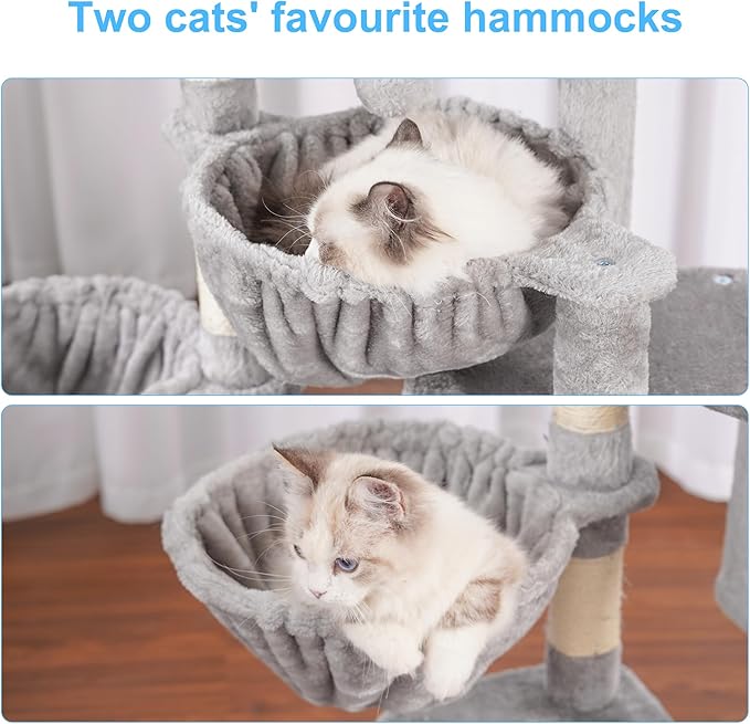 Hey-brother Cat Tree, Cat Tower for Indoor Cats, Cat House with Large Padded Bed, Cozy Condo, Hammocks, Sisal Scratching Posts, Big Scratcher, Light Gray MPJ006SW