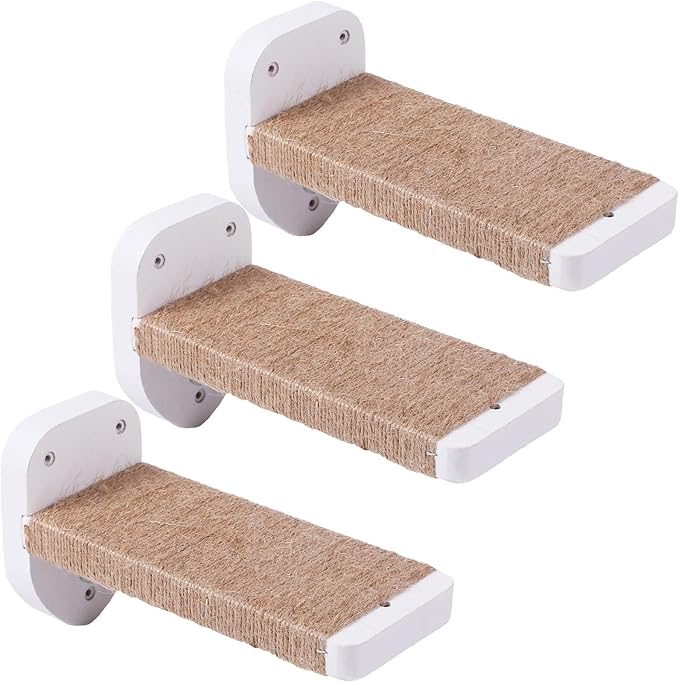 3pcs Cat Wall Steps, Cat Climbing Wall Mounted Cat Furniture, Cat Wall Shelves Cat Steps for Wall with Hemp Rope Covered, Solid Wood Cat Ladder for Cats Playing and Climbing (Large-White)