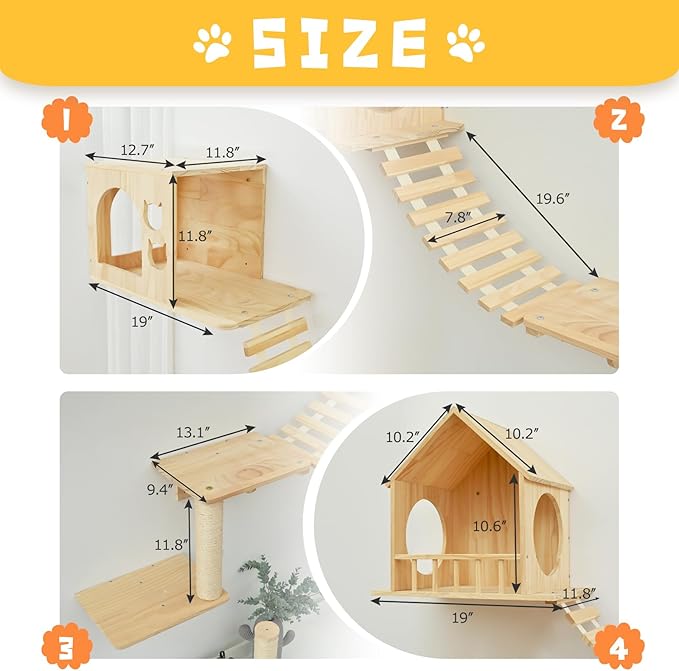 Cat Wall Shelves, Wall Mounted Cat Climbing Shelves, Wooden Cat Furniture with 2 Cat Condo Houses, 3 Cat Perches, 2 Bridge Ladders and 2 Scratching Posts