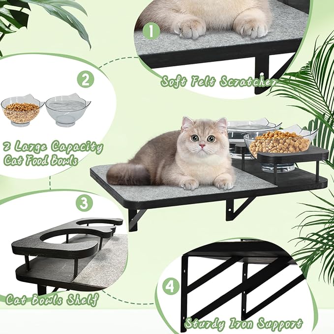 Cat Wall Shelves, Cat Shelves and Perches for Wall, Cat Shelves Wall Mount, Cat Wall Furniture with 3 Cat Wall Steps, Cat Climbing Shelf Cat Scratch Post, Cat Wall Shelf with 2 Cat Food Shelf
