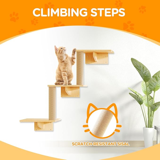 Cat Wall Shelves, Set of 5 Wooden Cat Wall Furniture with Cat Condo, Cat Scratching Post with 3 Steps, Bridge, Cat Hammocks and Scratcher