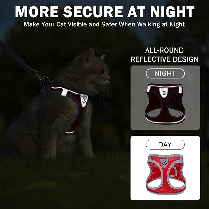 SCENEREAL Cat Harness and Leash Set Escape Proof, Adjustable Soft Air Mesh Kitten Harnesses for Girls Boys Small Medium Big Cats, Reflective Light Travel Pet Walking Vest for Puppy Rabbit, Red XL