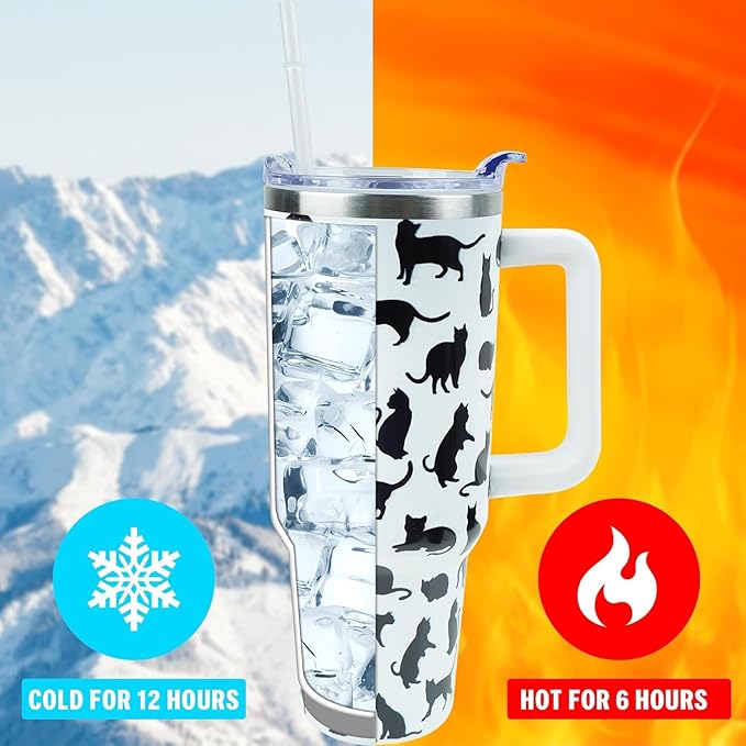 40 oz Tumbler with Handle and Straw, Stainless Steel Insulated Cup with Leak Proof Lid and Straw Lid, Keep Drinks Cold and Hot for Hours(Cat)