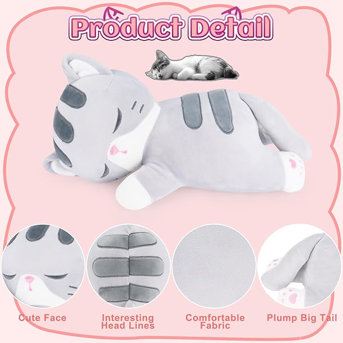 Achwishap Cat Stuffed Animal,Cat Plush Pillow,Soft Kitten Plush Kawaii Cat Hugging Pillow,Cute Plush Toys Cuddle Plushie for Kids Adults Gifts Birthday(Gray Cat,14”)