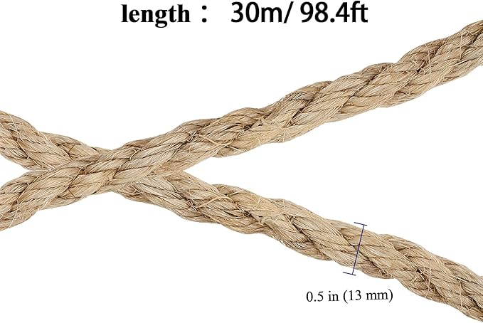 1/2 Inch Sisal Rope, 100 Feet Twisted Sisal Rope for Repairing, Recovering Cat Scratching Post, Bundling, Decoration, Wall hangings, tie Downs