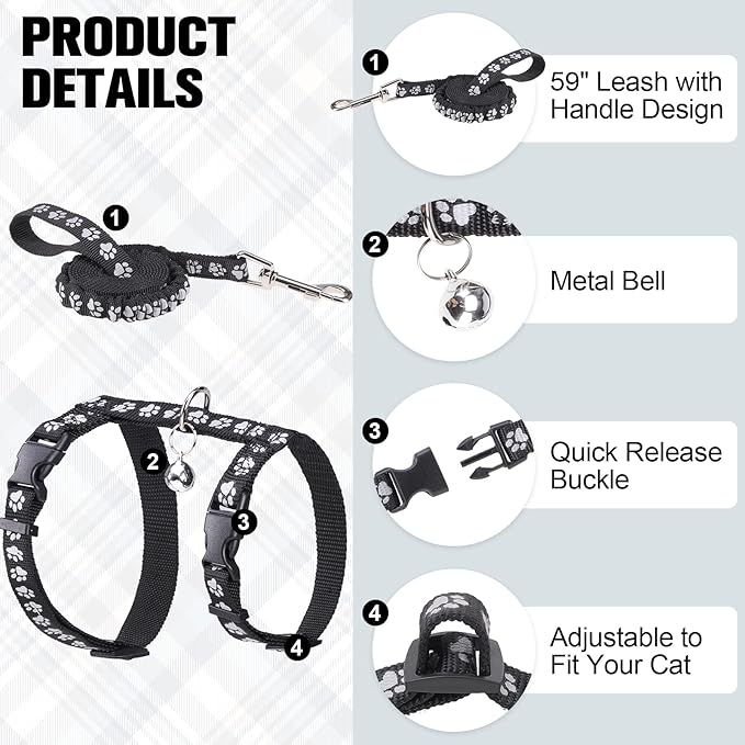 BEAUTYZOO Cat Harness and Leash Set Escape Proof for Walking, Kitten Soft Adjustable Vest Harnesses for Small Medium Large Cats, Easy Control Breathable Plaid Ribbon Nylon for Outdoor Indoor Use