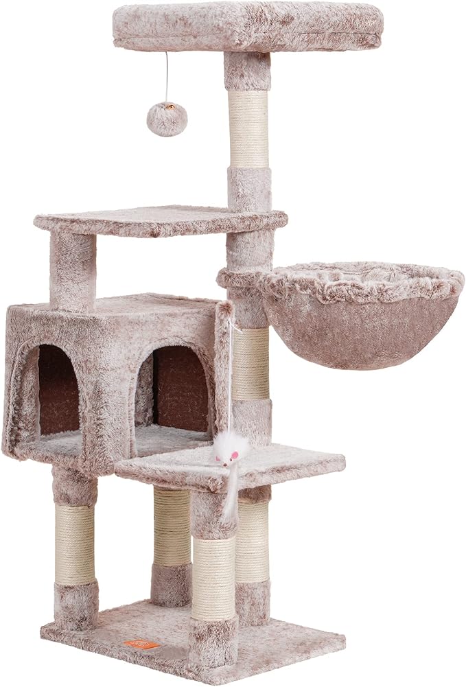 Heybly Cat Tree with Toy, Cat Tower condo for Indoor Cats, Cat House with Padded Plush Perch, Cozy Hammock and Sisal Scratching Posts, Muchroom HCT004SMU