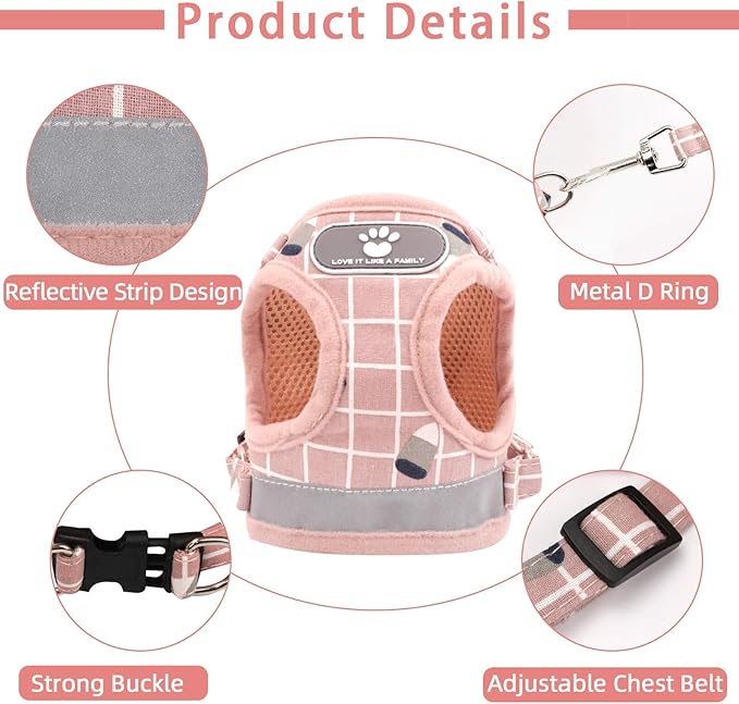 Cat Vest Harness and Small Dog Vest Harness for Walking, All Weather Mesh Harness, Cat Vest Harness with Reflective Strap, Step in Adjustable Harness for Small Cats (Pink-Pattern, S)