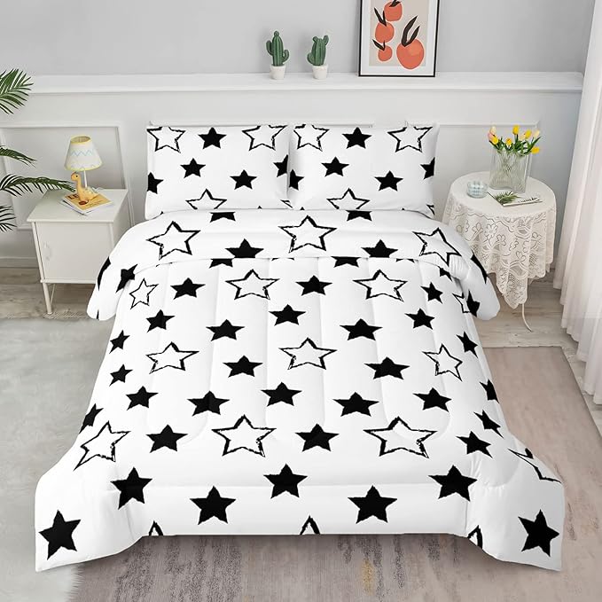 Axolotl Kids Queen Bedding Comforter Set,3Pcs Super Cute Soft Black and White Stars Quilt Set Bed in A Bag with 1 Comforter 2 Pillowcases for Kids Boys Girls Teens Adults Room Decor All Season