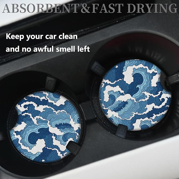 2pcs Car Cup Holder Coasters Sea Wave Pattern Car Coasters，Universal Auto Anti Slip Coasters,Rubber Car Coasters with A Finger Groove, Cute Car Accessories for Women&Men