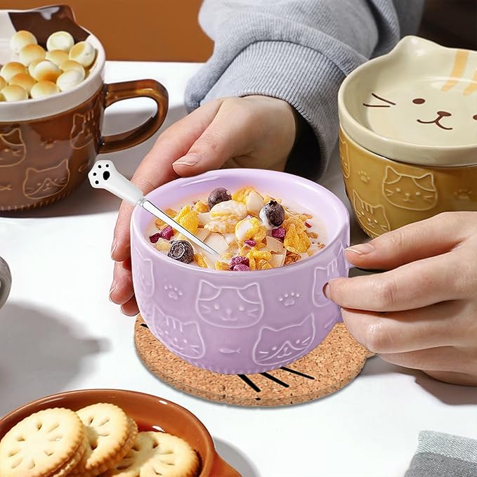 2PCS Cute Mug Kawaii cat Tea Cup Ceramic Coffee Mug with lid,Tea Cups and Saucers for Dessert Tea Mug Cute Gifts Cat lover gifts for women Anime gifts for women Christmas Gifts 10oz (Pink +Purple)