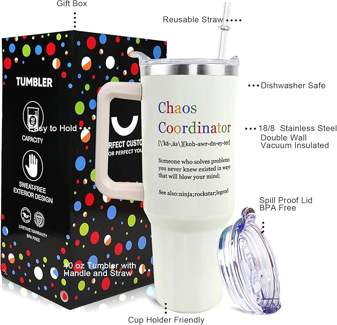 40 oz Tumbler with Handle and Straw Lid Leak Proof - Thank You Gifts for Women Travel Coffee Mug Insulated for Hot Cold Ice - Mothers Day Birthday Gifts for Women Nurse Teacher Mom Coworker Boss