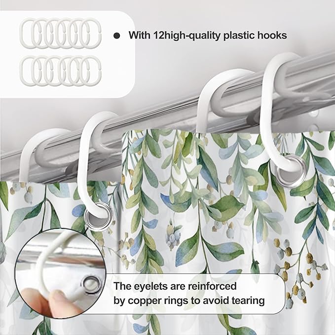 AWERT Green Mixed Light Blue Plant Shower Curtain with 12 Hooks Decorative Sage Green Shower Curtain for Bathroom Waterproof Fabric 72x84inch
