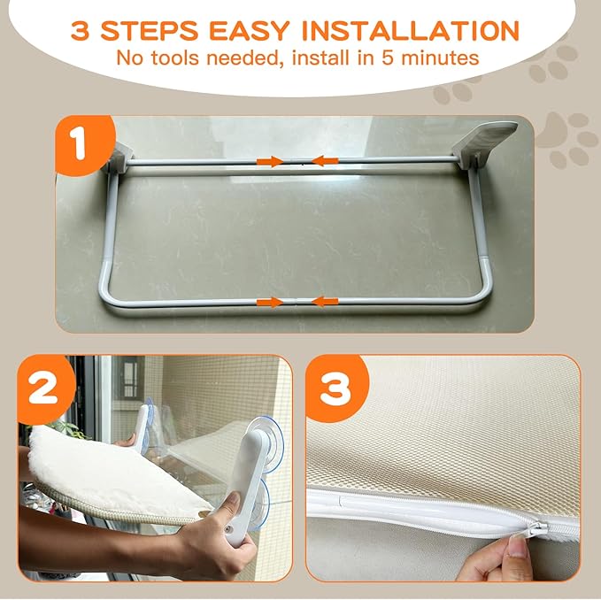 Cat Window Perch, Foldable Cat Window Bed with 4 Strong Suction Cups, Cordless Cat Hommack for Window Sill, Sturdy Metal Cat Window Seat Shelf for Indoor Cats with Reversible Cover(Beige)