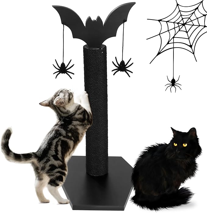 ROYALAY Gothic Cat Scratching Post with 2 Spiders Dangling Toys, Halloween Kitten Furniture for Cats Stuff, Black Halloween Cat Scratcher, Demon Styled Cat Tree for Halloween Decor