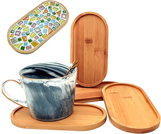 4PCS Mosaic Bamboo Coasters for Crafts, Blank Base Trays, Drinking Cup Coaster, Plant Coaster, Art Plate,DIY Mosaic Supplies (Oval)