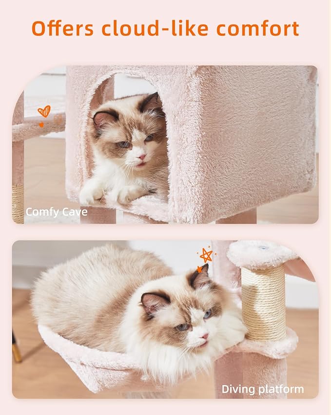 Taoqimiao Cat Tree, 39.4-Inch Cat Tower for Indoor Cats,Suitable for Kittens,Plush Cat Condo with 5 Scratching Posts, Plush Perch,2 Hammock,Pompoms, MS019P Jelly Pink