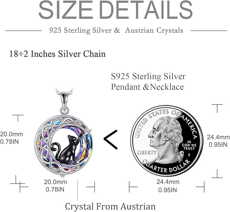 925Sterling Silver Moon Black Cat Necklace for Women Tree of Life Cat Jewelry for Women Abalone Necklace for Cat Lover Birthday