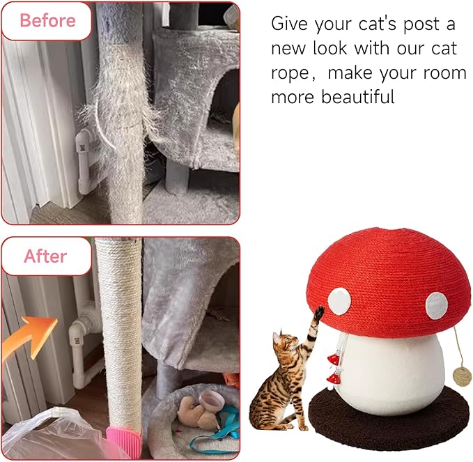 Multicolor Natural Hemp Rope, Cat Scratching Posts Replacement Rope,Repair and Replace Scratching Post cat Tree, 1/4" Rope DIY Cat Jute Twine,Come with a Play Ball.(65FT, Red)