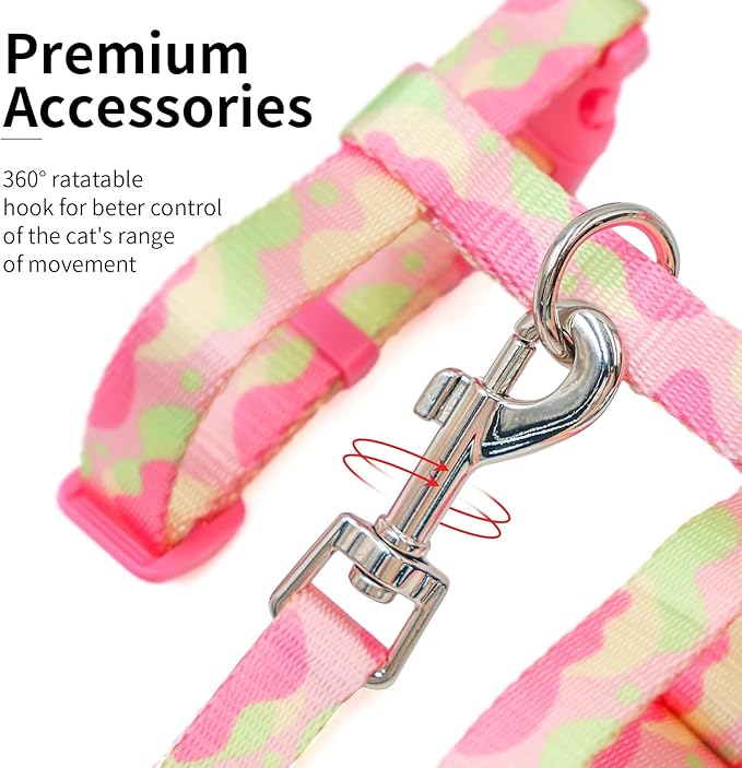 azuza Cat Harness and Leash Set for Safe Walking and Travel, Escape Proof Cat Harness, Lightweight Soft and Comfortable, Adjustable Kitten Harness for Small Medium Large Cats, Pink Camo