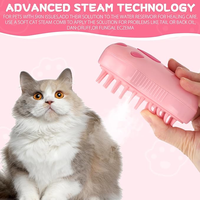 2Pcs Steamy Cat Brush - 3 in1 Cat Steamy Brush,Silicone Massage Grooming Brush with Water,Pet Hair Cleaner Brush Comb for Cats Dogs(Pink)