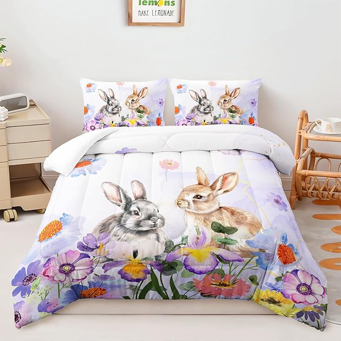 AILONEN Watercolor Rabbit Comforter Set Full Size, Wild Flowers Rabbit Themed Microfiber Soft Bedding Set,3-Piece Tie Dye Rabbit Printed Home Decorative Comforter with 2 Pillowcases