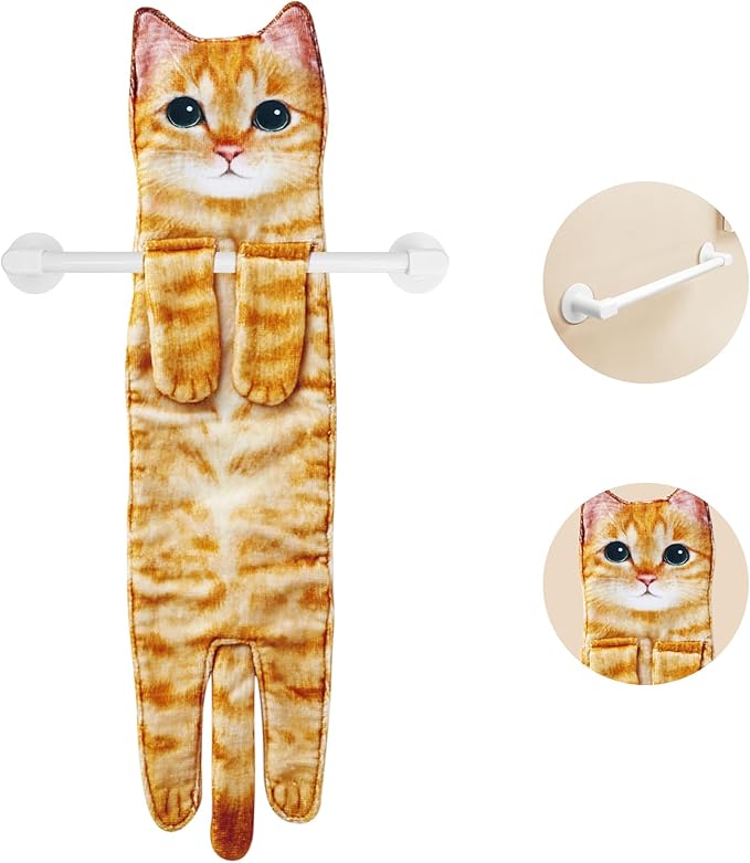 AGRIMONY Cat Funny Hand Towels with Towels Bar for Bathroom Kitchen - Cute Decorative Cat Decor Hanging Washcloths Face Towels Super Absorbent Soft - Housewarming Birthday Christmas Fun Gifts