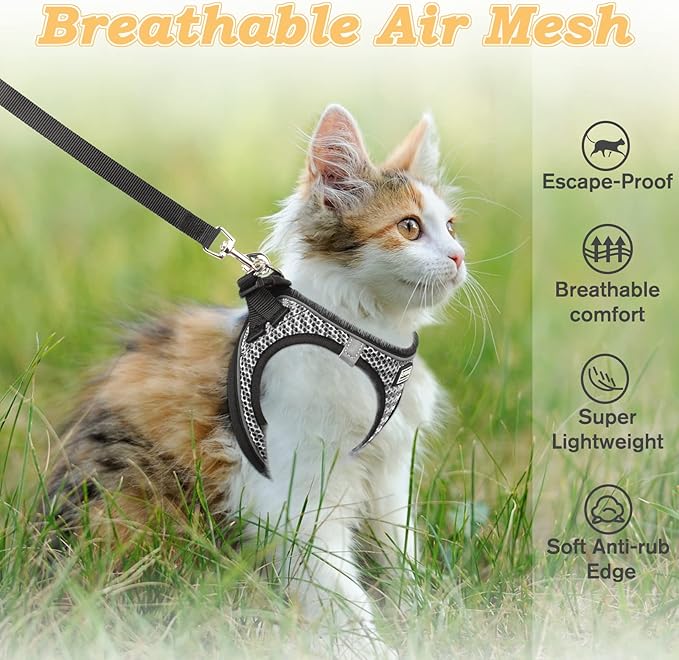 Cat Harness and Leash for Walking Escape Proof, Adjustable Kitten Vest Harness Reflective Soft Mesh Puppy Harness for Outdoor, Comfort Fit, Easy to Control (Gray, M)