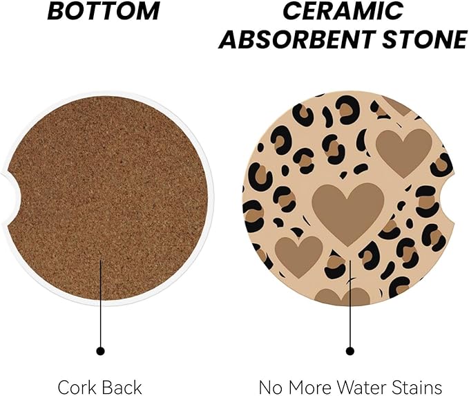 Absorbent Ceramic Car Coasters for Cup Holders, Brown Love Leopard Cheetah Print Design 2.56" Anti Slip Universal Drink Cup Coasters for Women Men (2 Pack)