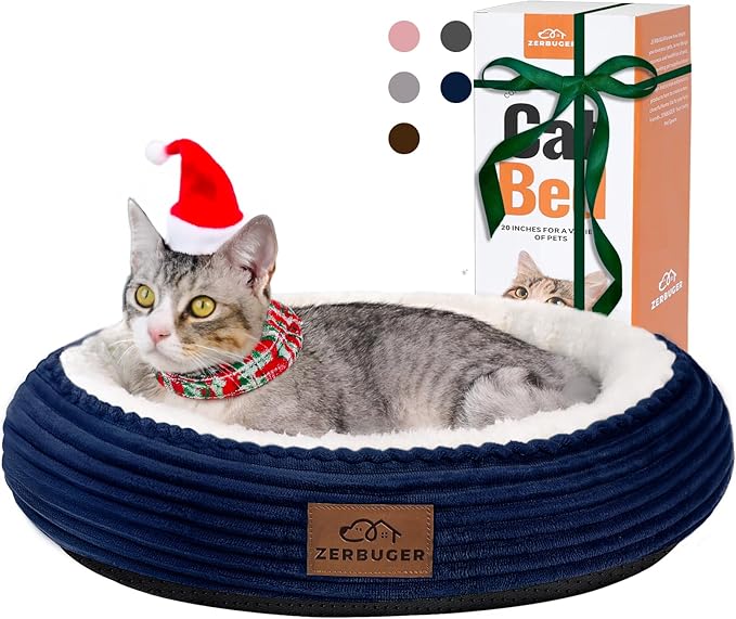 20in Washable Cat Beds for Indoor Cats - Round Donut Pet Bed for Cats, Small Dogs, Puppy, Kitten - Anti-Slip Bottom, Calming Bed Gift - Navy Blue