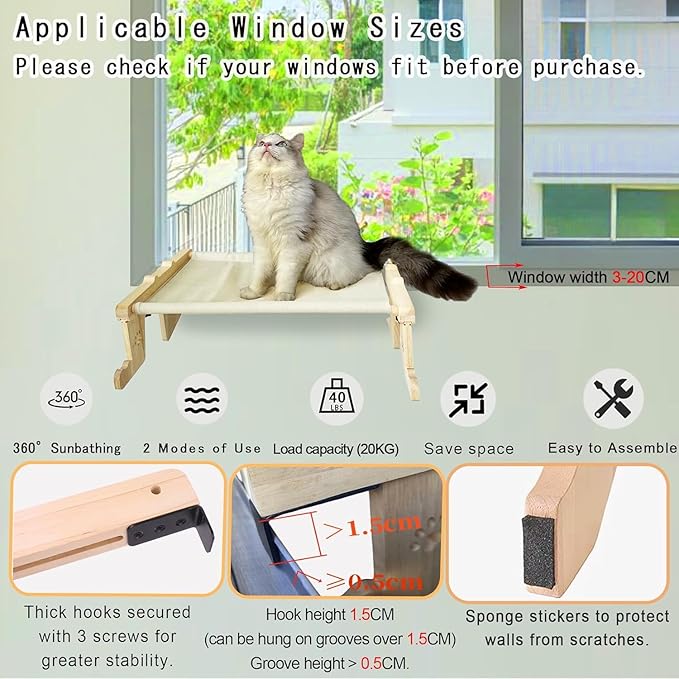 Indoor Cat Hammock Window Perch – Cordless cat Shelf seat with 4 Legs, Wood & Metal Frame with a Soft Bed No Drilling Required | Easy Adjustable 2 in 1 cat Bed for Windowsill, Floor & Bedside