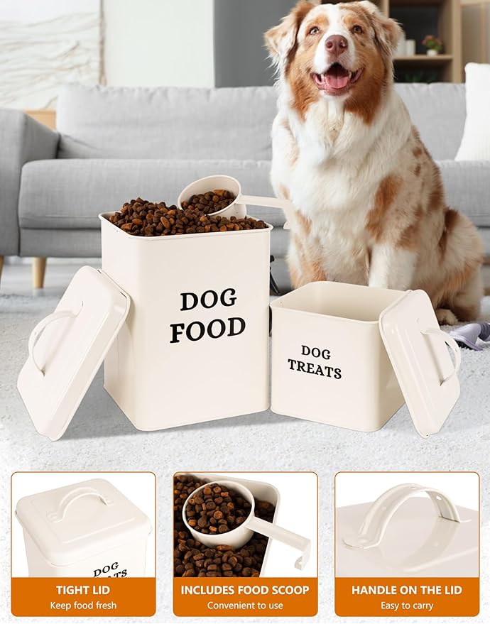 2 Packs Metal Airtight Dog Food Storage Container, Dog Treat Container With Lid & Scoop, Farmhouse Dog Treat Jar Dog Food Container, Cream