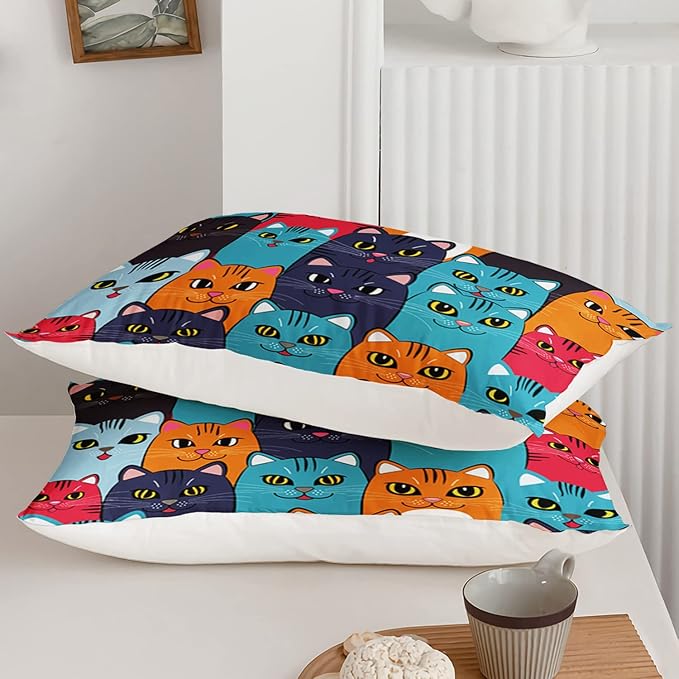 Axolotl Kids Cat Bedding Set, Twin Size, 3 Pcs (1 Comforter + 2 Pillow Cases), Multicolor, Cat Pattern
