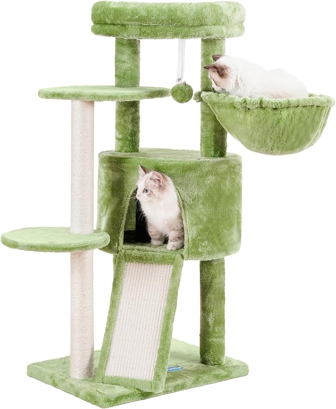 Hey-brother Cat Tree with Scratching Board, Cat Tower with Padded Plush Perch and Cozy Basket, Multi-Platform for Jump, Green MPJ005GR