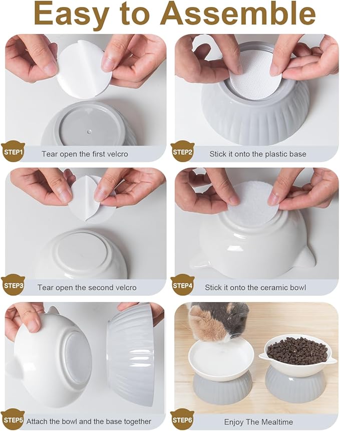 2 Ceramic Raised Cat Food Bowls, Elevated Cat Food and Water Bowl Set, Pet Bowl for Indoor Cats and Small Dogs, Anti-Vomiting Cat Dog Feeder with Plastic Base, Dishwasher Safe, Grey…