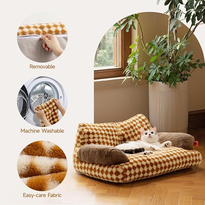 MEWOOFUN Cat Couch Bed for Indoor Cats, Washable Small Dog Beds for Medium Small Dogs & Cats up to 25 lbs, Fluffy Pet Beds with Non-Slip Bottom, 26×19×13 Inch (Brown)