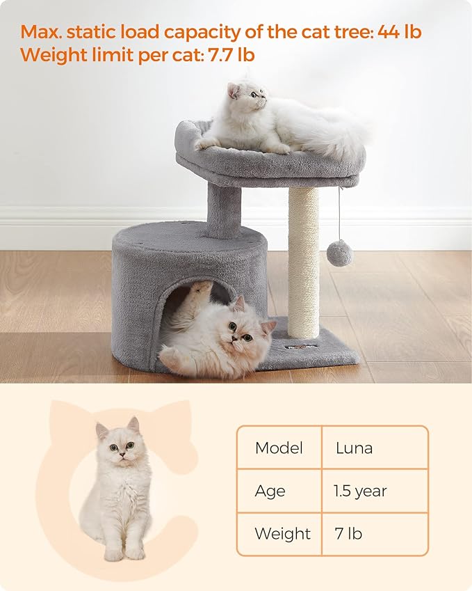 Feandrea Cat Tree, Cat Tower with Sisal-Covered Scratching Post, Cat Condo with Padded Perch, for Small Spaces, Kittens, Light Gray UPCT50W