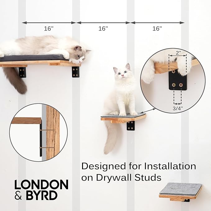 LONDON & BYRD | Wooden Cat Wall Shelves | for 16" Drywall Studs | One Large cat Shelf with Washable Bed, and Two Smaller cat perches. Solid Wood with Metal Wall Brackets.