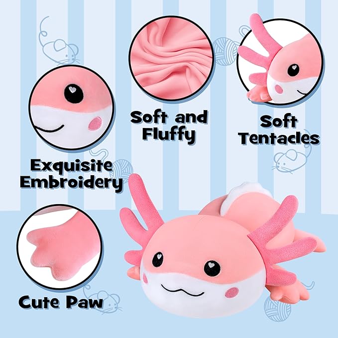 Axolotl Plush, Soft Plush Pillow Pink Axolotl Stuffed Animal, Cute Plushies Toy Gifts for Kids & Adults