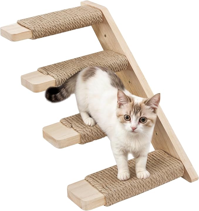 HOOBRO Wood Cat Wall Shelves, 4-Level Cat Wall Steps with Jute Scratching Steps, Cat Climbing Wall, Cat Wall Furniture, Easy to Install, Holds up to 40 lb, Natural NL11CS03