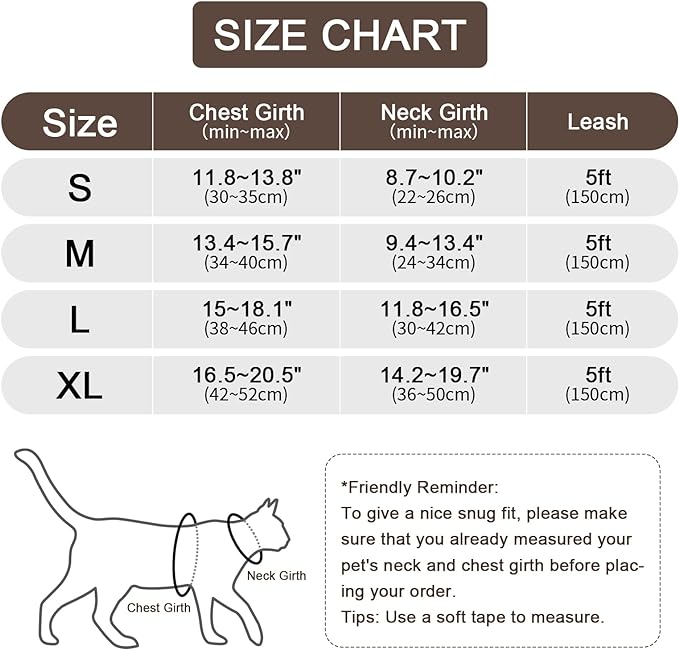 Cat Harness and Leash Set, Upgraded Escape Proof Adjustable Kitten Vest with Lead for Small Cat Outdoor Walking, Soft Breathable Mesh Jacket with Reflective Strips for Dark Night (S, Coffee Brown)