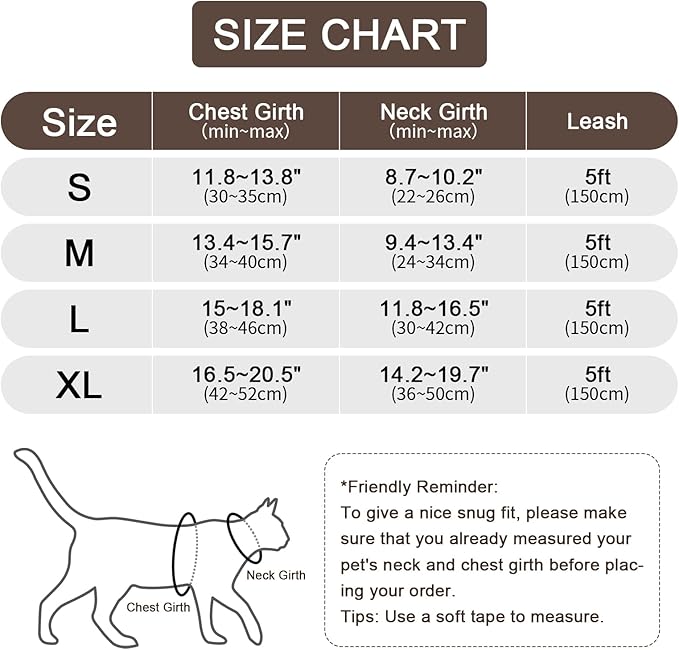 Cat Harness and Leash Set, Upgraded Escape Proof Adjustable Vest with Lead for Large Cat Small Dog Puppy Outdoor Walking, Soft Breathable Mesh Jacket with Reflective Strips for Dark Night L Brown