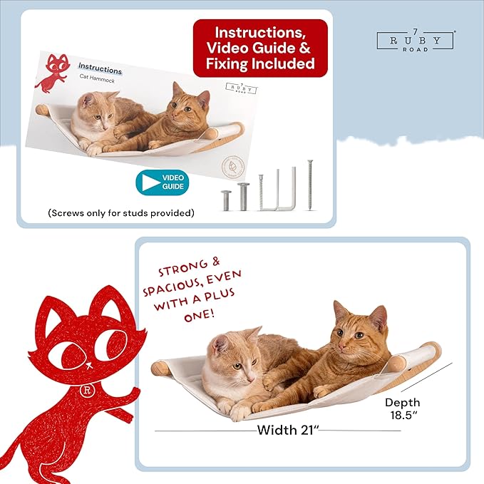 7 Ruby Road Wall Mounted Cat Wall Hammock for Indoor Cats - Comfy Cat Wall Bed for Large Cats and Kitty - Sturdy Cat Perch Shelf for Cat Room or Addition to Cat Wall Furniture