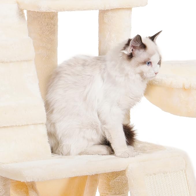 Heybly Cat Tree, Cat Tower for Indoor Cats,Multi-Level Cat Furniture Condo for Cats with Padded Plush Perch, Cozy Basket and Scratching Board Beige HCT014M