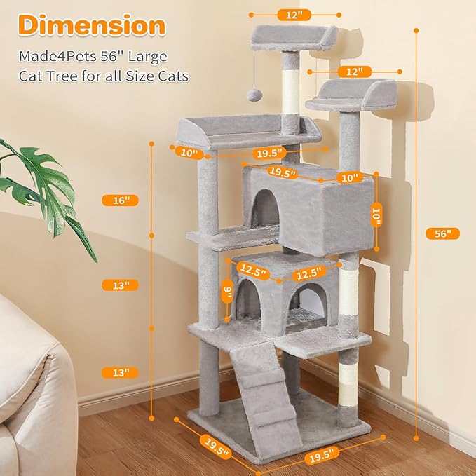 Made4Pets Cat Tree Tower 56in Cat Tower for Indoor Cats Kitten Tree Multi-Level Cat Tree with 2 Condo Furniture Activity Center with Scratching Posts Funny Toys Kittens Pet Play House, Light Grey